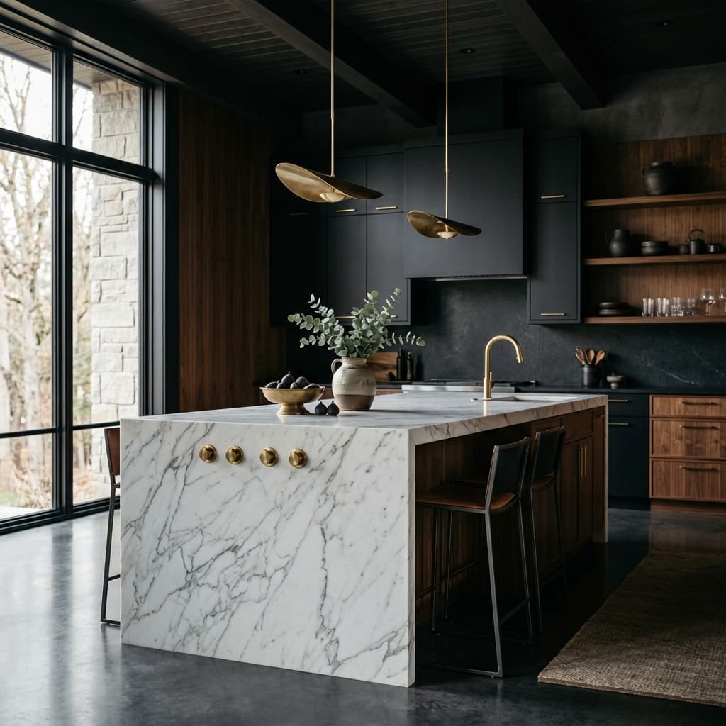 Luxury Kitchen with marble island and brass fixtures